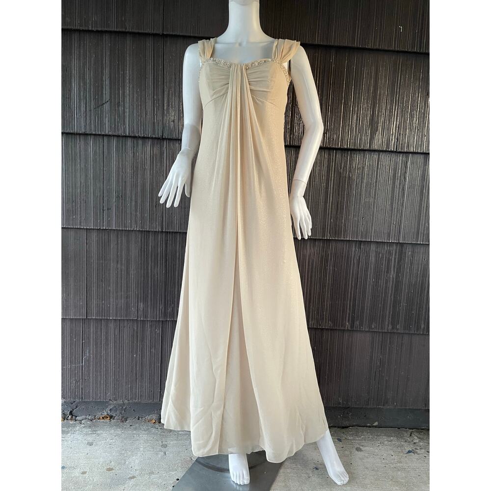 🔥David’s Bridal Bead Sweetheart Neck Split Front Maxi Formal Tan Shimmer Dress